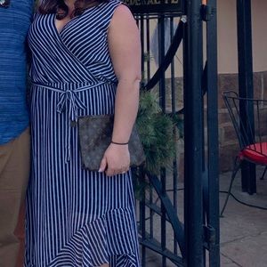 Blue and white stripped wrap dress